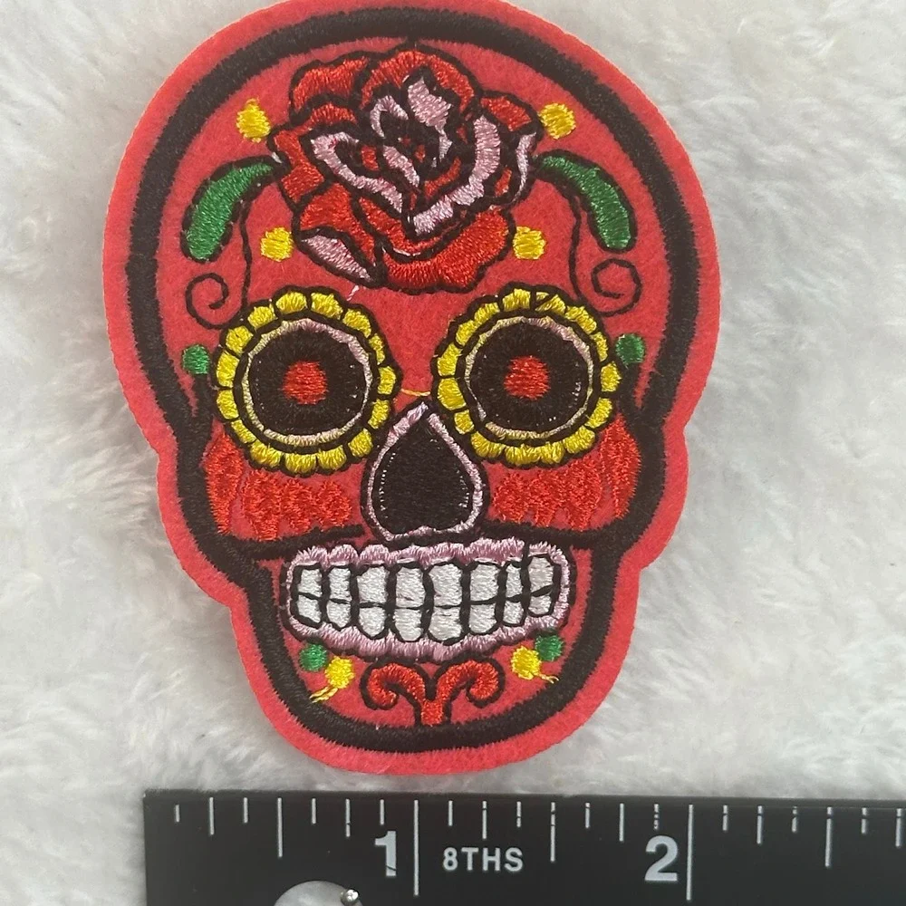 Sugar Skull Iron On Patch Red Embroidered Day of the Dead Rose Floral Calavera